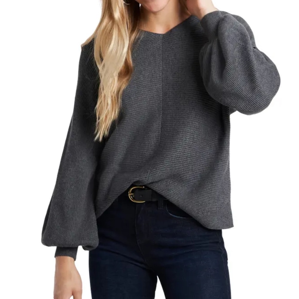 1. State Ribbed Balloon Sleeve Cotton Blend Sweater In Medium Heather Grey